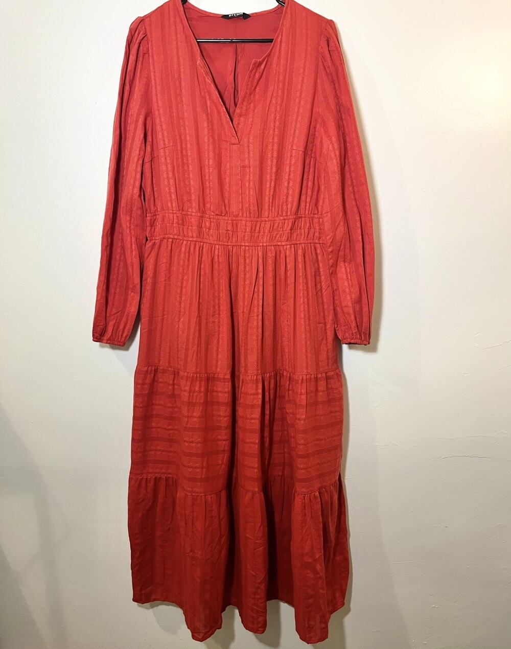 Lightweight 100% Cotton Long Sleeve Modest Maxi Dress Red Boho Cottage Size XL
